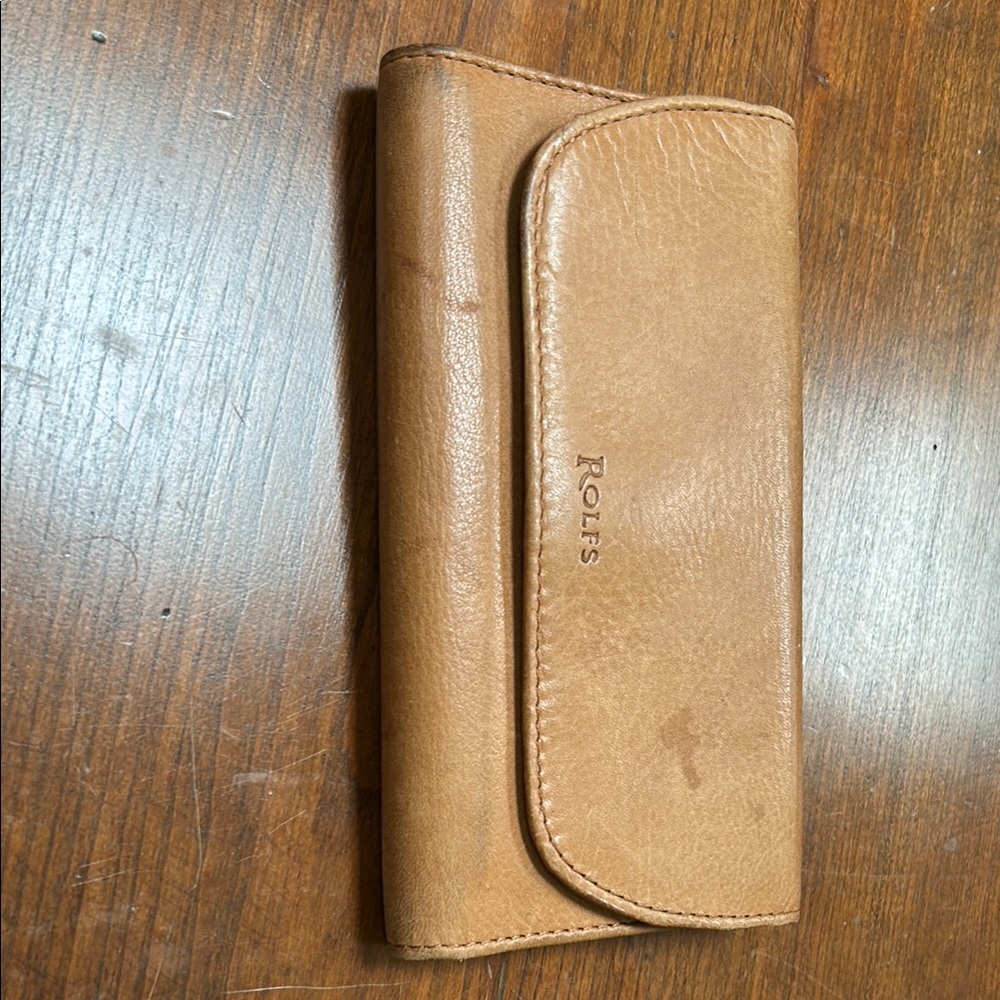 Vintage Camel Brown Rolfs Leather Foldover Wallet w/ checkbook holder insert.